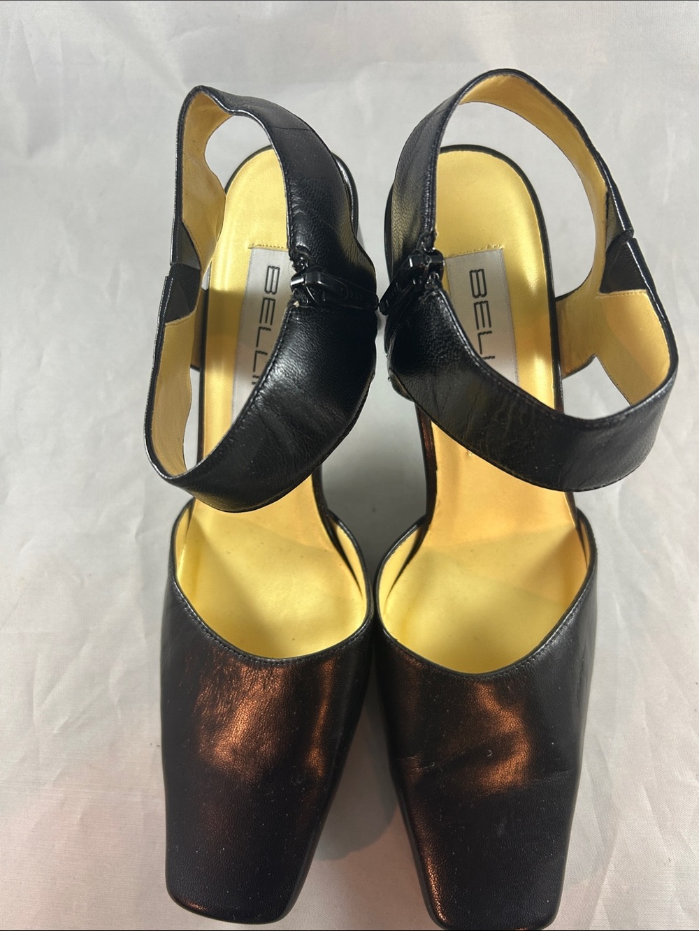 Bellini Black Square-Toe Ankle Strap Heels